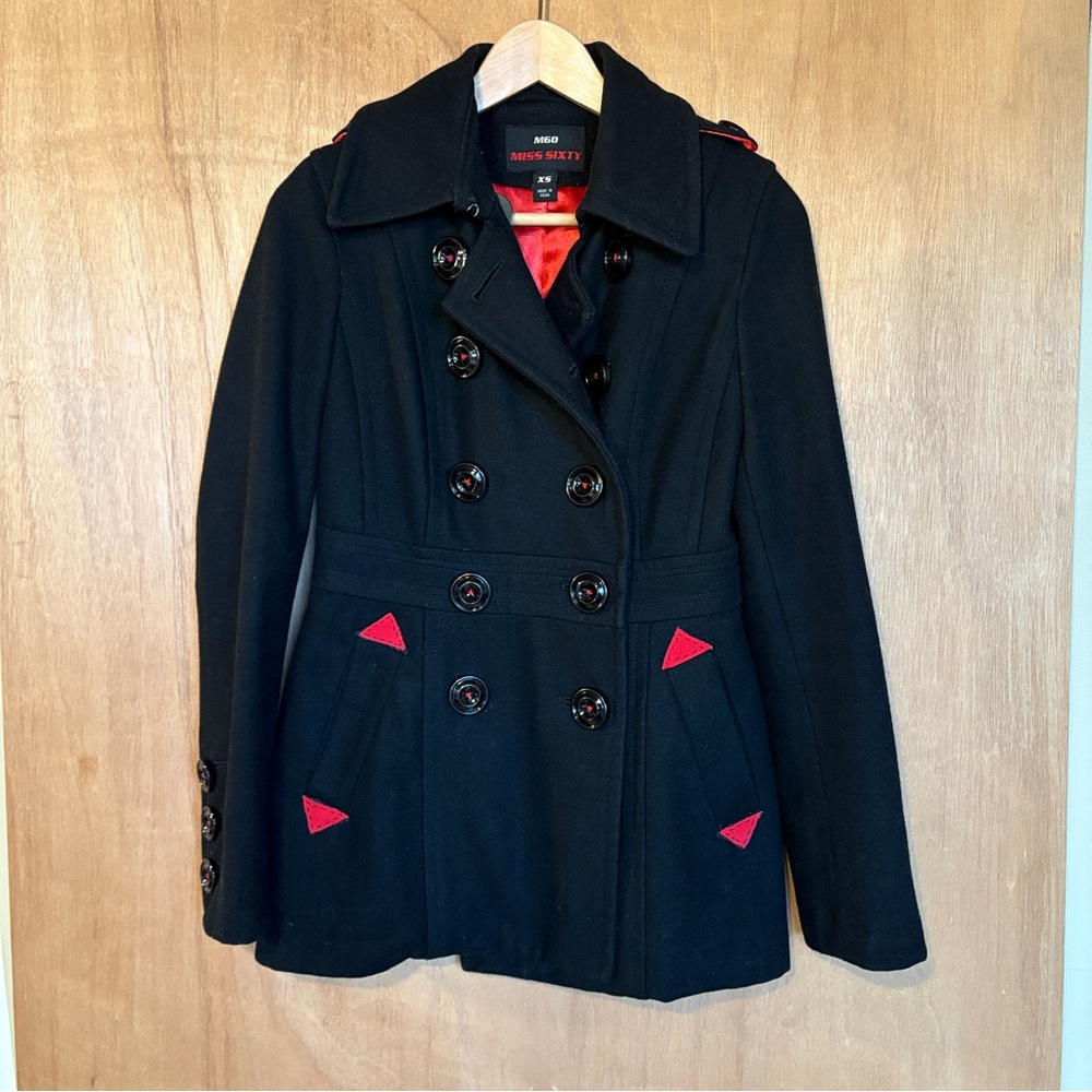 Y2K Miss Sixty Retro Vintage Black & Red Wool Blend Double Breasted Peacoat XS